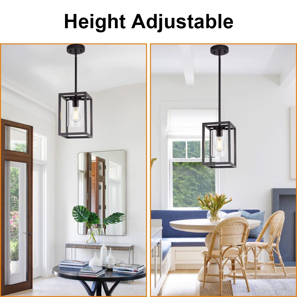 VINLUZ Black Cage Farmhouse Pendant Light with Glass Shade - Modern 1-Light Kitchen Island Chandelier for Dining Room, Living Room & Home Decor | Rustic Industrial Ceiling Hanging Fixture for Farmhouse, Loft & Contemporary Spaces