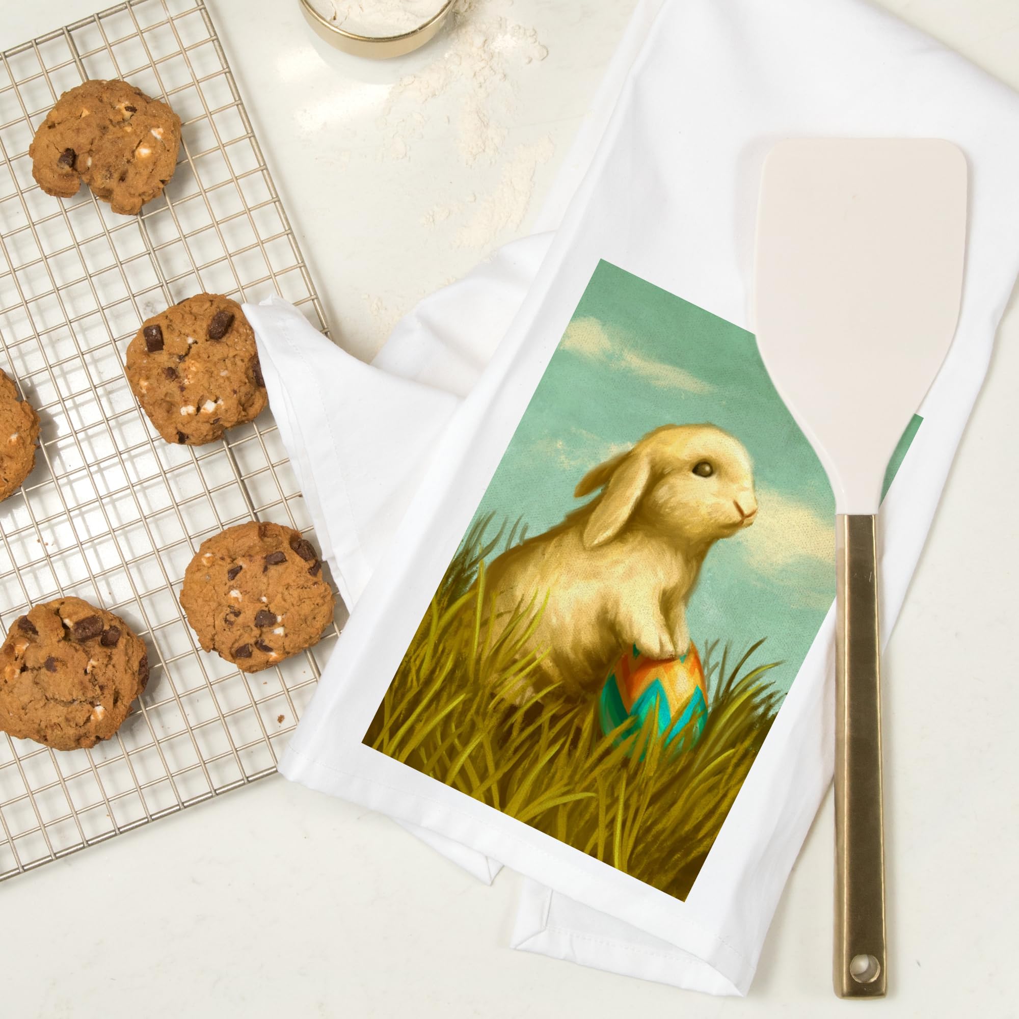Easter Bunny Oil Painting - 100% Cotton Tea Towel, Decorative Hand Towel for Kitchen & Home Decor - Perfect for Easter Gifts, Spring Home Accents, and Farmhouse Style Decorations
