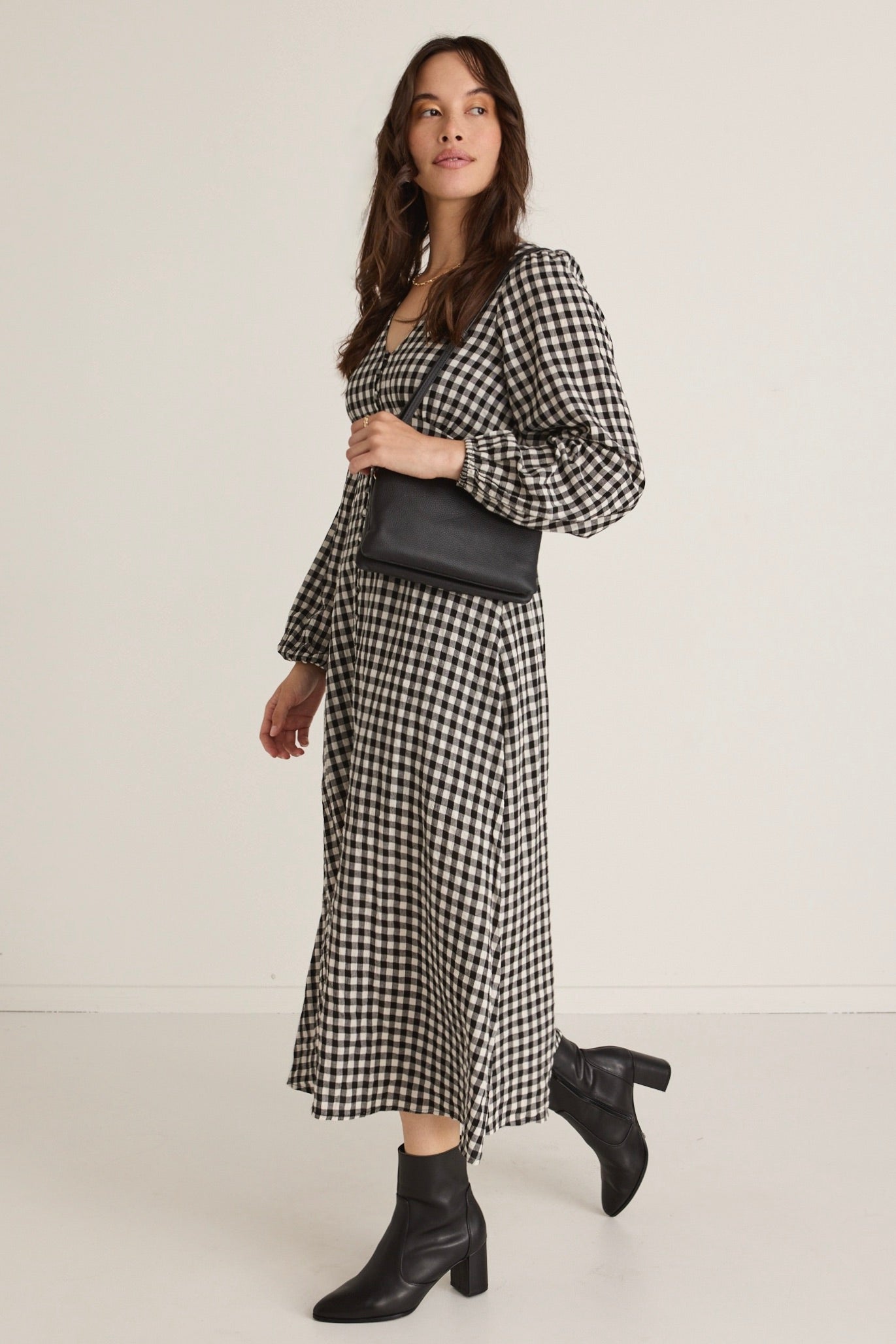 Damsel Black Gingham Long Sleeve Button Front Midi Dress - Perfect for Casual Outings, Office Wear & Special Occasions
