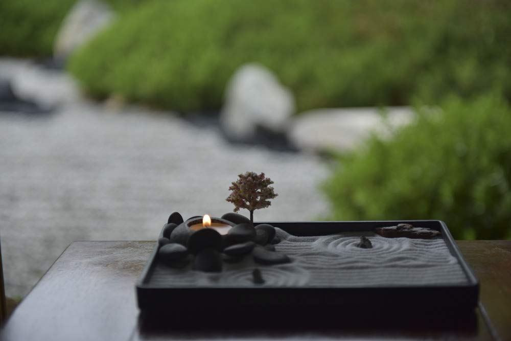 Handmade Zen Garden Pebbles Candle Holder Set with Sand, Base Tray & Tools - Meditation Decor for Home Office Desk, Spa Relaxation & Gift Idea