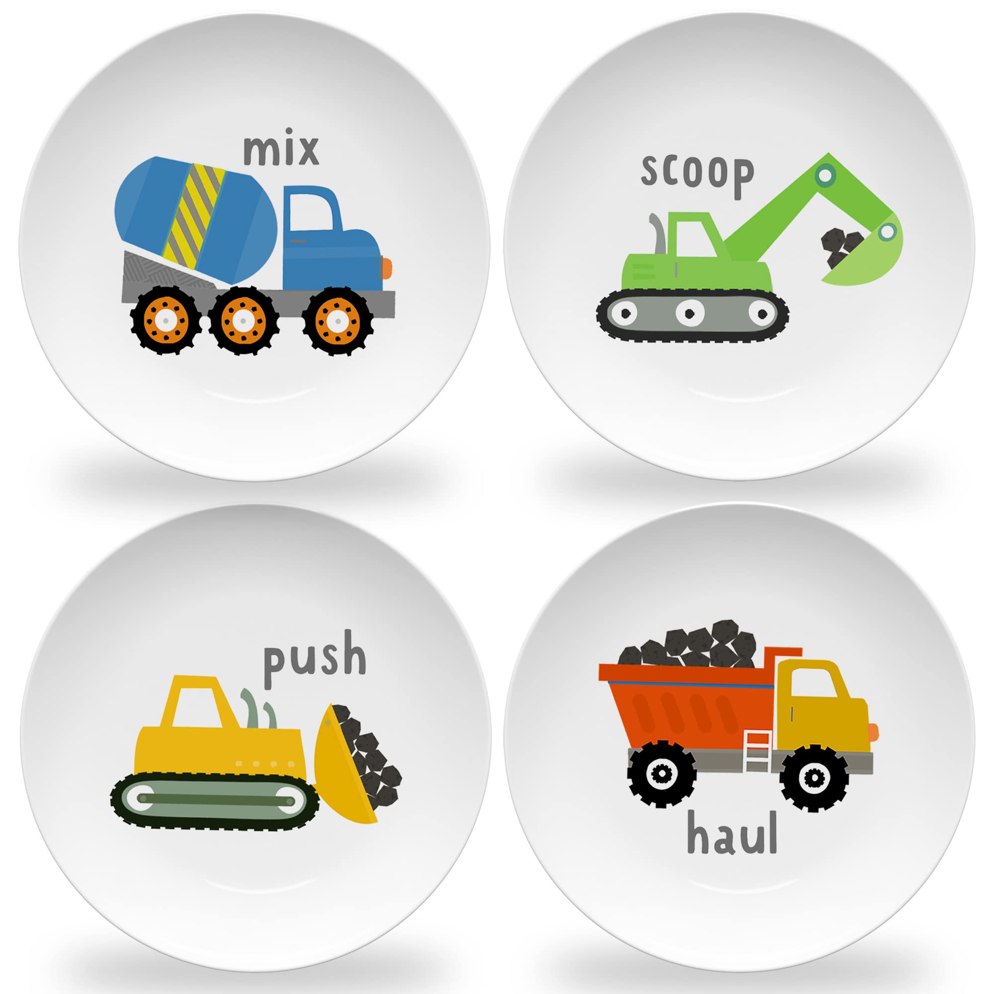 Tiny Expressions - 4-Piece Construction Themed Toddler Plates Set - Melamine Kids Dinnerware with Excavator, Cement Mixer, Bulldozer & Dump Truck Designs - Durable Plastic Plates for Boys & Girls - Perfect for Birthday Parties, Daycare Meals & Fun Family Dinners