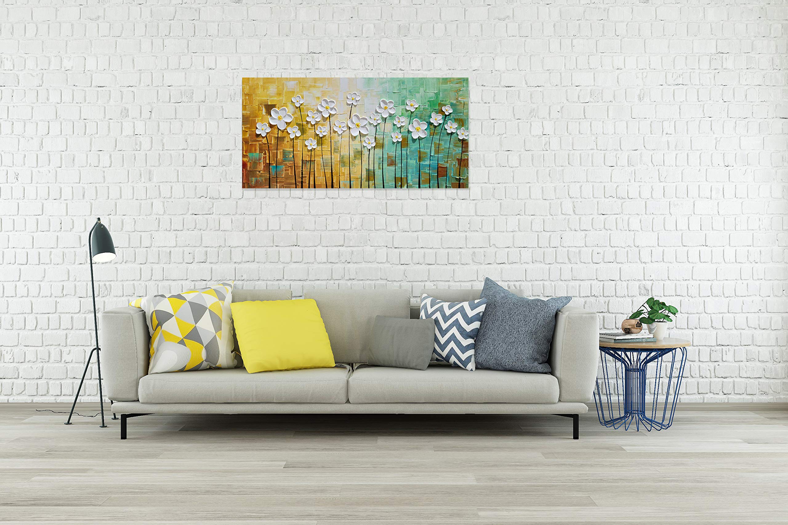 SYGALLERIER White Floral Canvas Wall Art - Hand Painted Heavy Textured Oil Painting in Teal & Yellow - Modern Abstract Artwork for Living Room, Bedroom, Dining Room Decor - Perfect for Home, Office & Gift Giving