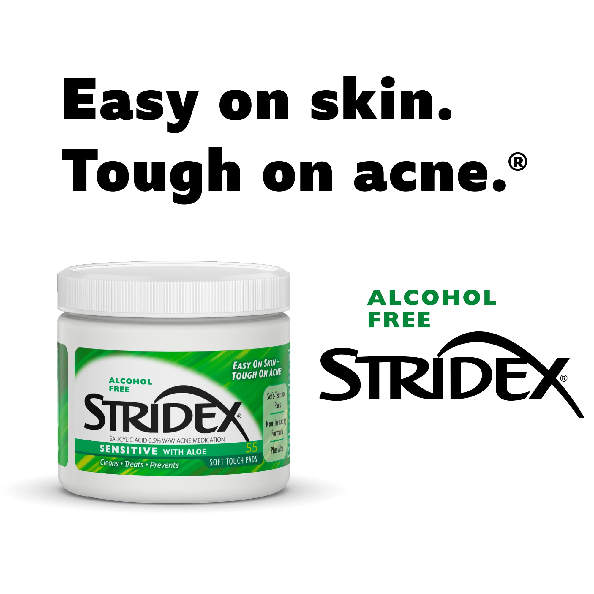 Stridex Medicated Acne Pads for Sensitive Skin - 55 Count Alcohol-Free Facial Cleansing Wipes, Mild to Moderate Acne Treatment with Smooth Application - Perfect for Daily Skincare Routine & On-the-Go Use