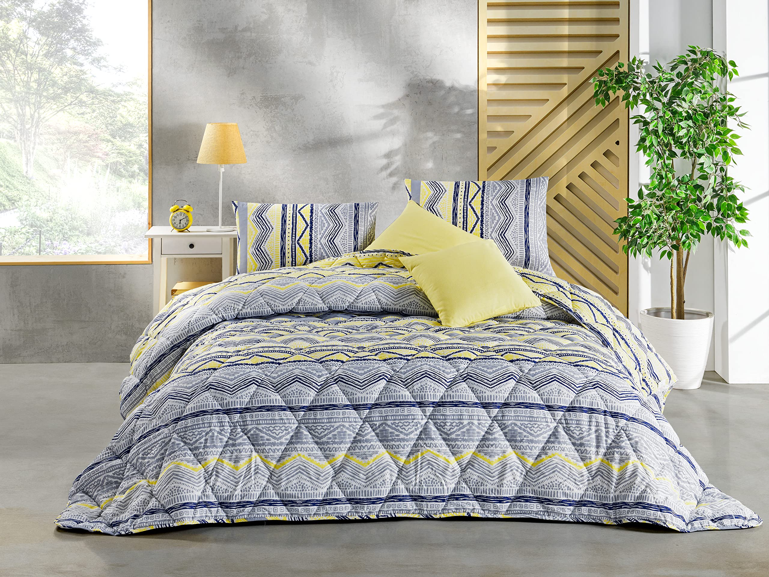 Empire Home Fashi Istanbul Collection Handmade 5-Piece Comforter Set - Cotton Blend Modern Bedding with Matching Shams & Throw Pillows (Gray & Yellow Zigzag, California King) - Perfect for Master Bedrooms, Guest Rooms & Luxury Hotels