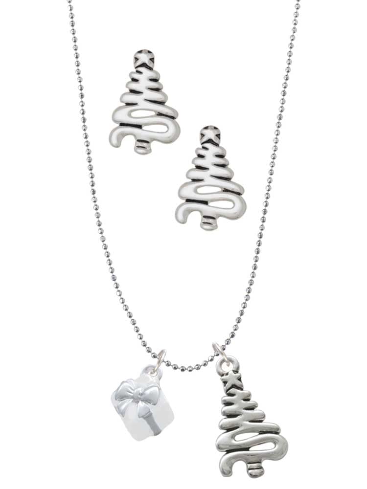 Delight Jewelry Silver-Tone 3D Enamel Gift Box Necklace Set with Bow & Christmas Tree Charm - Perfect for Holiday Gifts, Party Favors and Festive Occasions