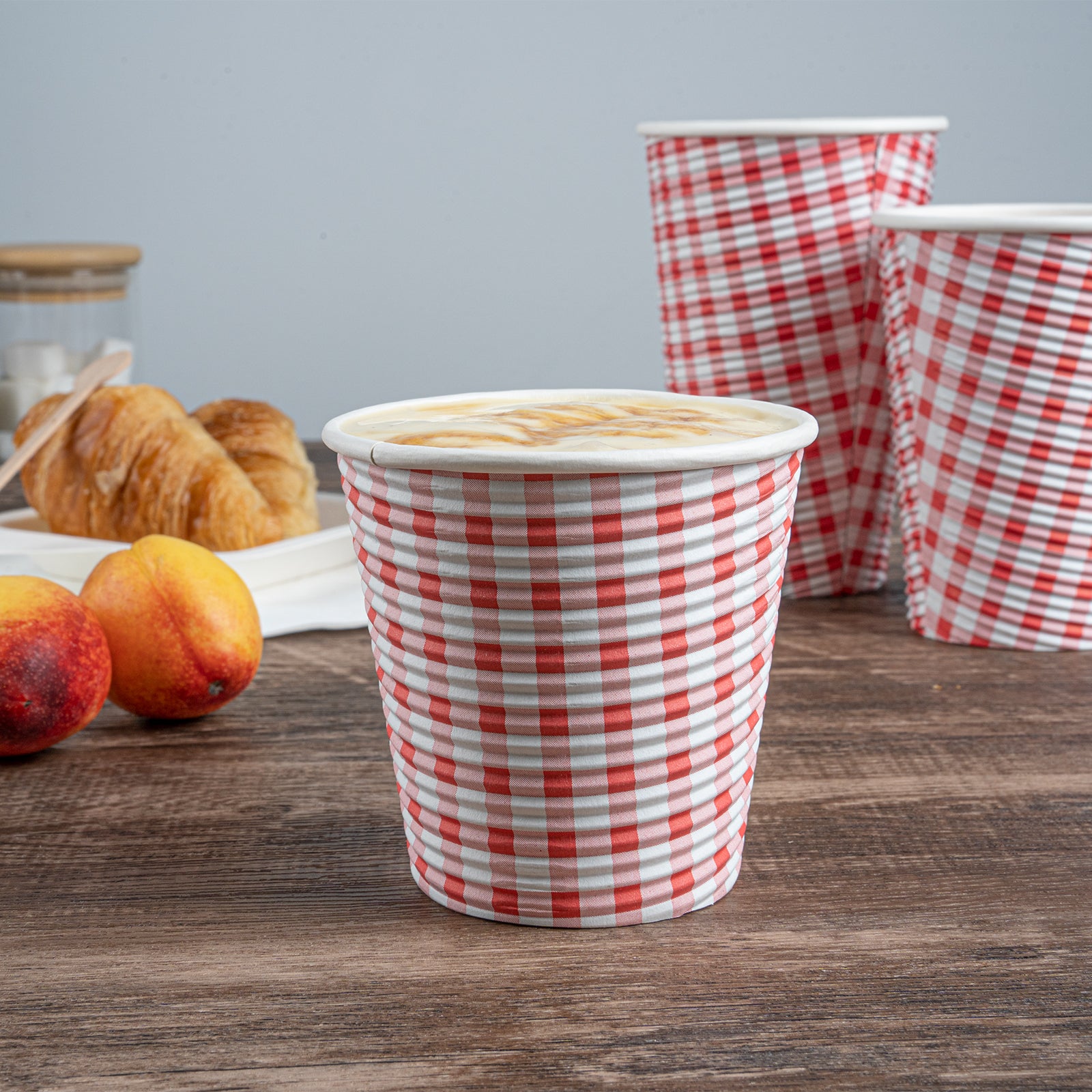 8 oz Disposable Paper Coffee Cups with Picnic Print - Spiral Wall Design - 3.5