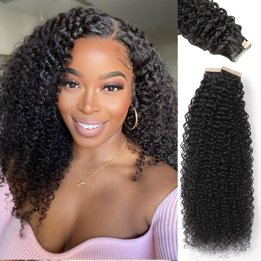 YDDM 18-Inch Kinky Curly Tape-in Hair Extensions for Black Women - 80g Human Hair, Natural Black Color (1.0 Count) - Perfect for Protective Styles, Weddings & Everyday Glam
