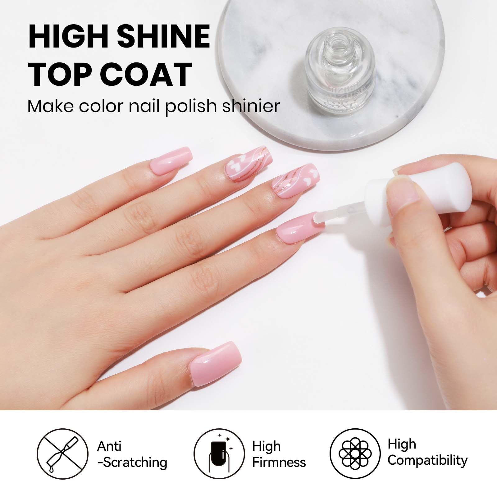 MIZHSE Quick Dry Clear Top Coat Nail Polish - Non Gel, High Shine Protective Glossy Finish for Manicure & DIY Home Use (0.5 fl oz/15ml) - Perfect for Salon-Quality Nails at Home, Office, Parties & Special Occasions