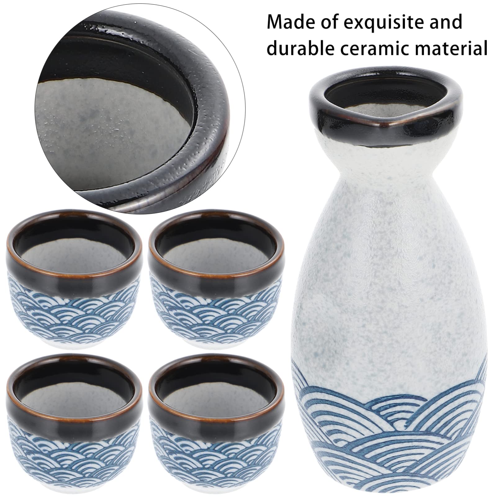 DOITOOL Traditional Japanese Sake Set - Ceramic Sake Pot & 4 Cups - Authentic Japanese Drinking Vessels for Sake, Tea, or Cocktails - Perfect for Home Entertaining, Japanese Culture Lovers & Unique Gift Giving (Blue)
