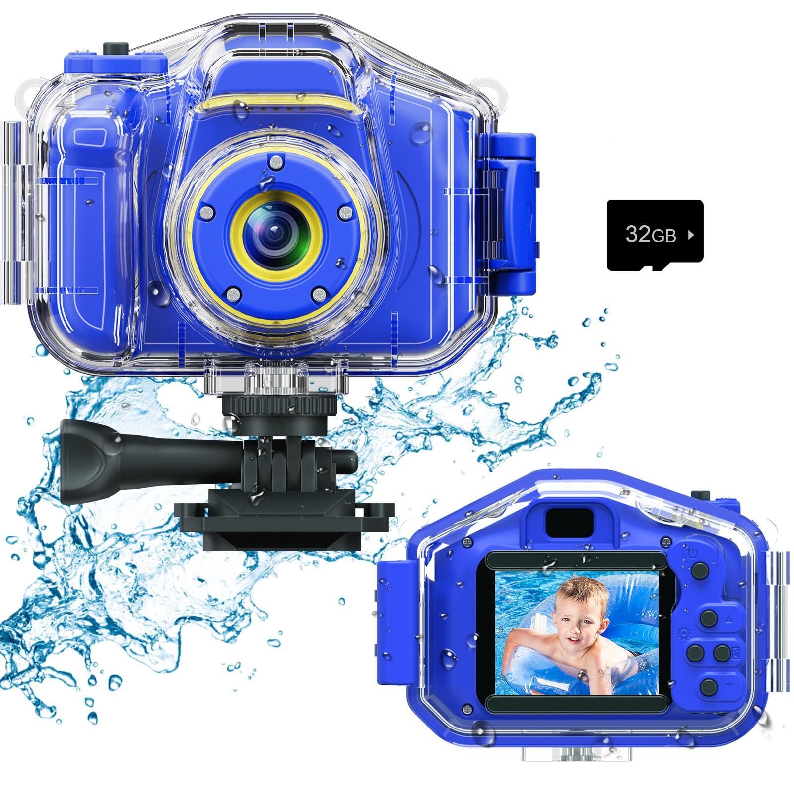 DEKER Kids Waterproof Camera - HD Digital Action Camcorder for Children Ages 3-12 | Underwater & Outdoor Adventure Camera with 2 Inch IPS Screen & 32GB Card | Perfect Christmas Birthday Gift for Boys & Girls (Dark Blue) | Great for Swimming, Beach Vacations & Family Travel
