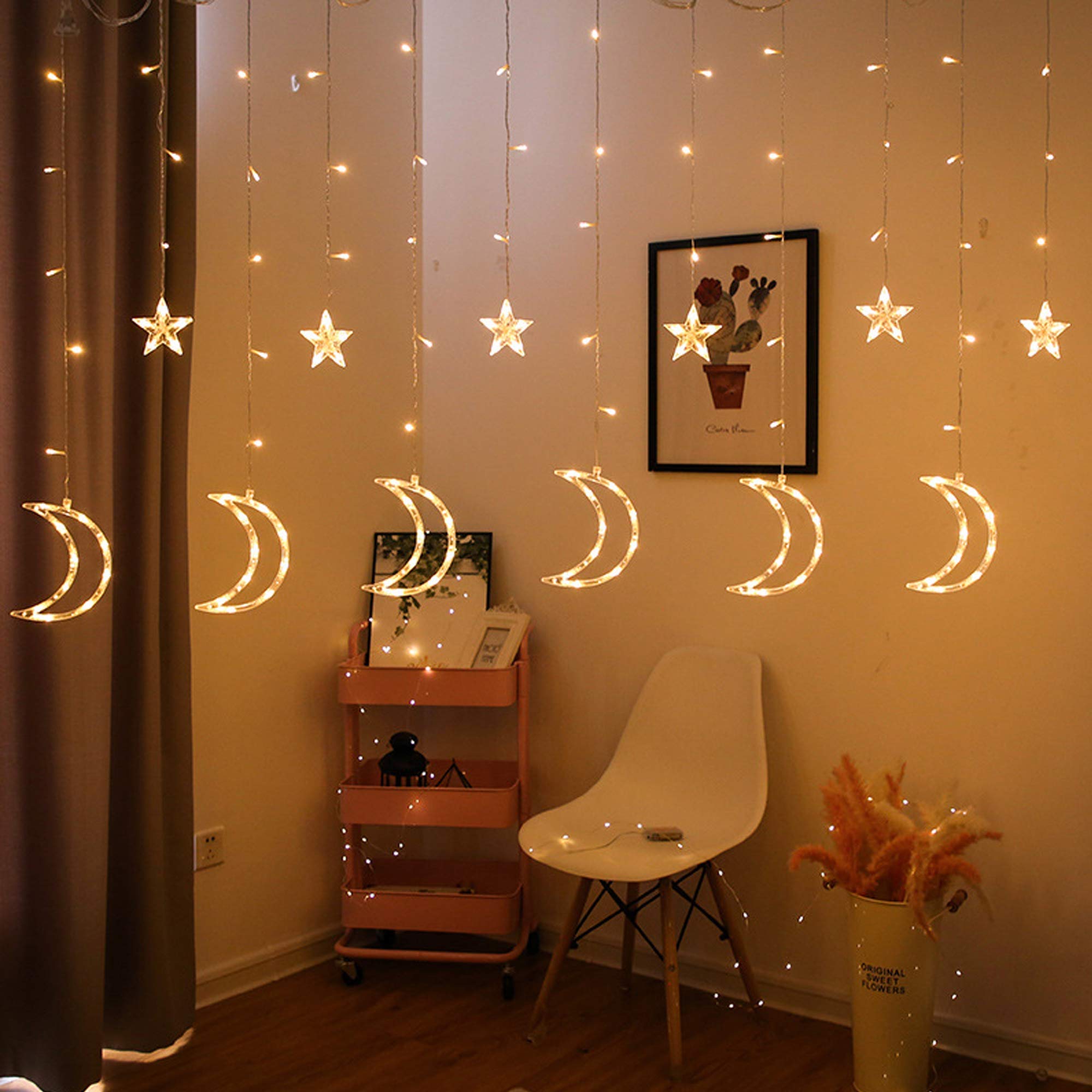 FUNPENY 138 LED Star Moon Curtain String Lights with Remote Control - 8 Modes Warm White Fairy Lights for Bedroom, Wedding, Party Decor - Perfect for Indoor, Patio, Lawn & Ramadan Decoration