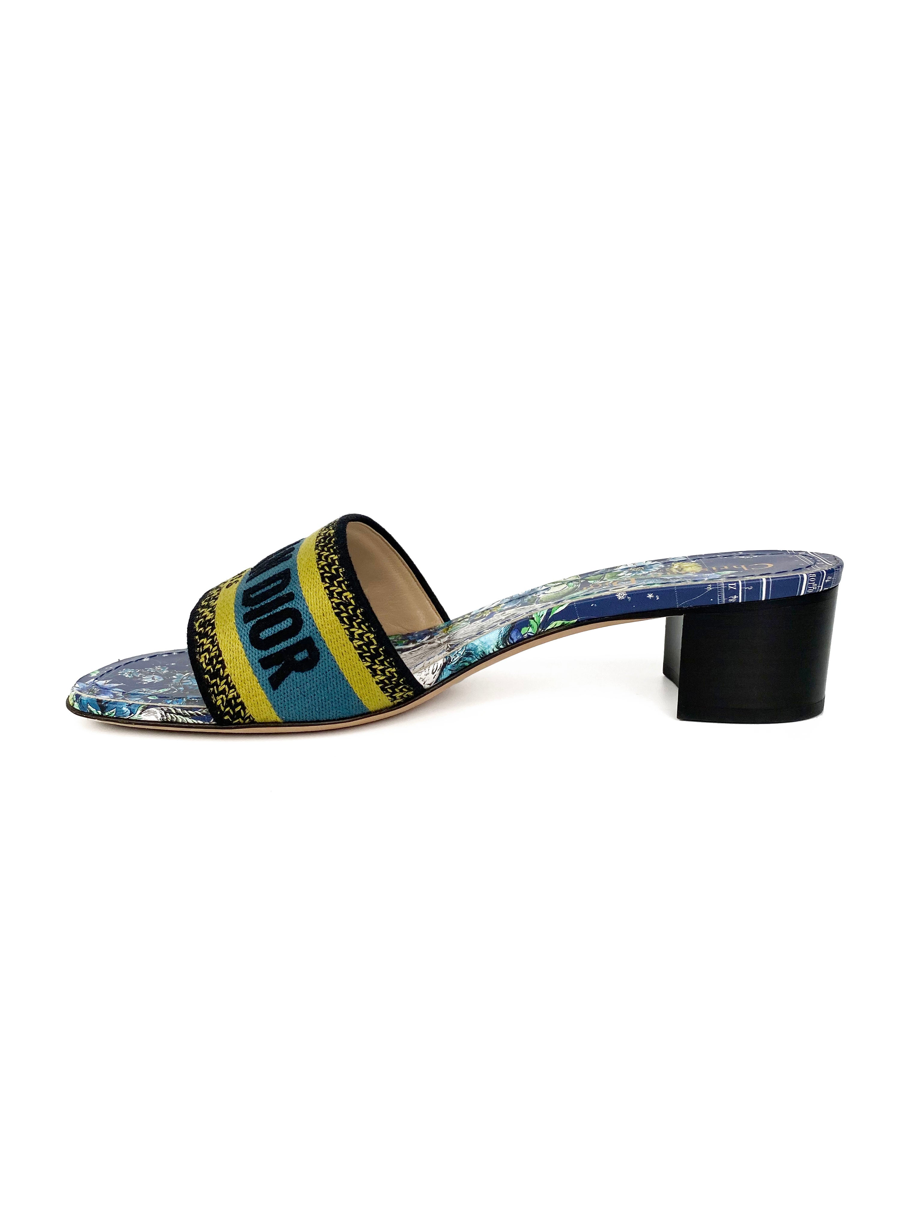 Dior Blue & Green Dway Heeled Slides Size 39 | Luxury Designer Sandals for Women | Perfect for Summer Outings, Beach Vacations & Special Occasions