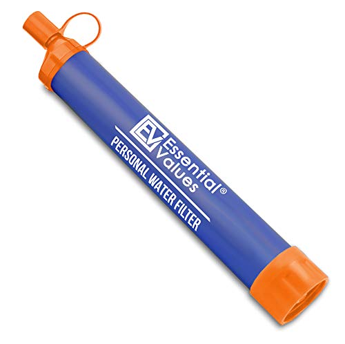 Essential Values Personal Water Filter Straw - Portable Water Purifier with Bottle Attachment for Hiking, Camping & Emergency Survival (1-Pack) - Clean Drinking Water Anywhere Outdoors