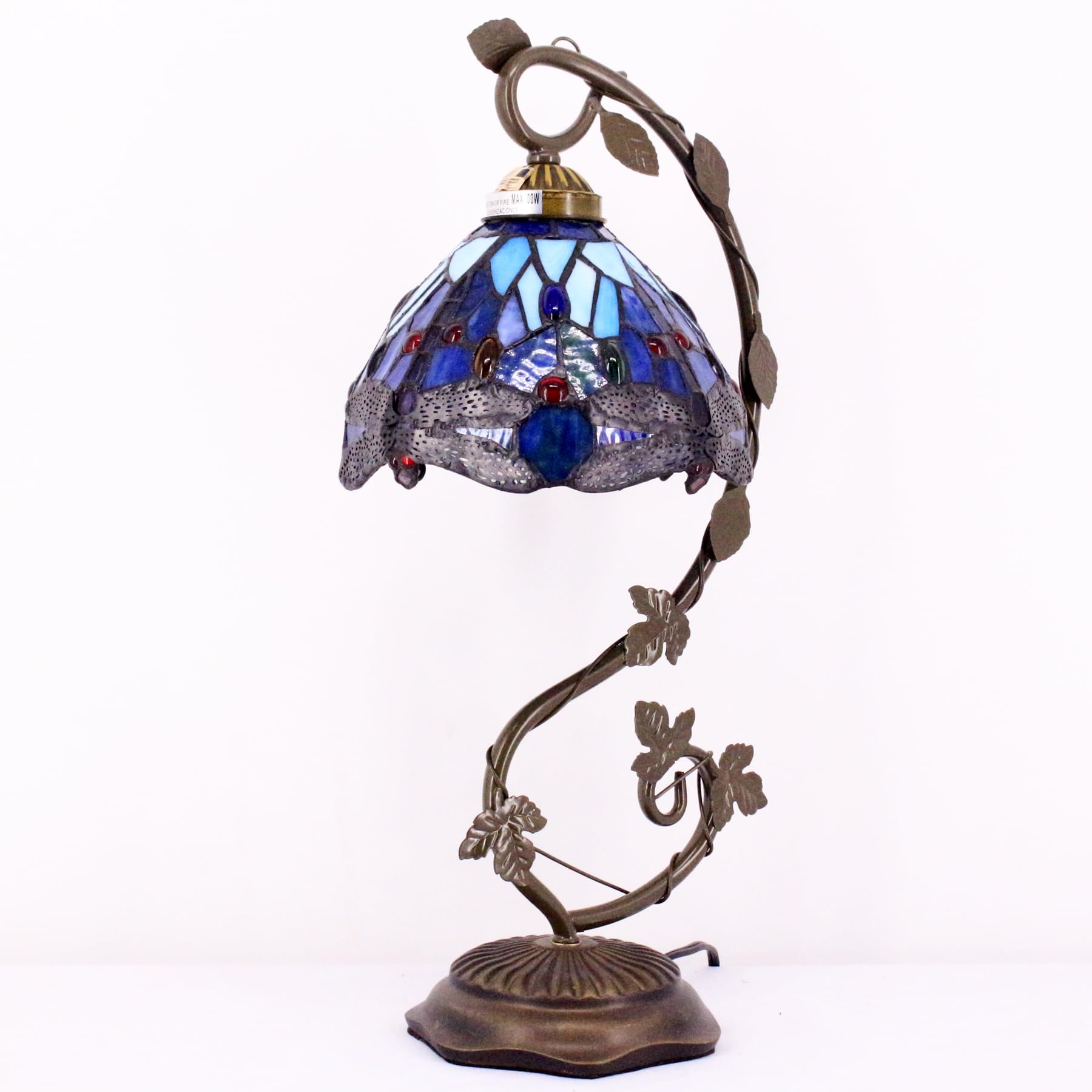 WERFACTORY Tiffany Style Dragonfly Table Lamp - Blue Stained Glass Shade with Metal Leaf Base, 8x10x21 Inch Desk Lamp for Bedroom, Home Office & Small Spaces (S004 Series) | Perfect Reading Light & Decorative Accent
