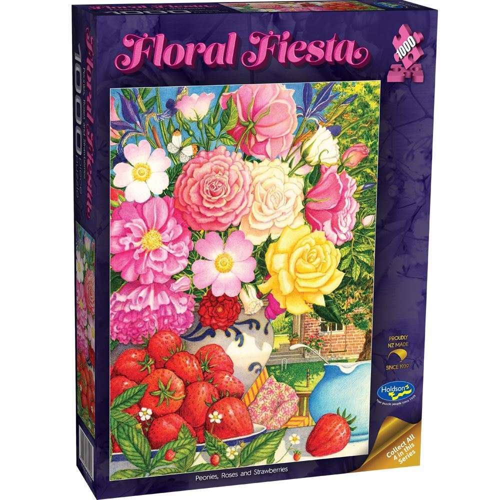 Holdson Floral Fiesta 1000-Piece Jigsaw Puzzle - Beautiful Peonies, Roses & Strawberries Design for Adults & Teens - Perfect for Family Game Night & Relaxation