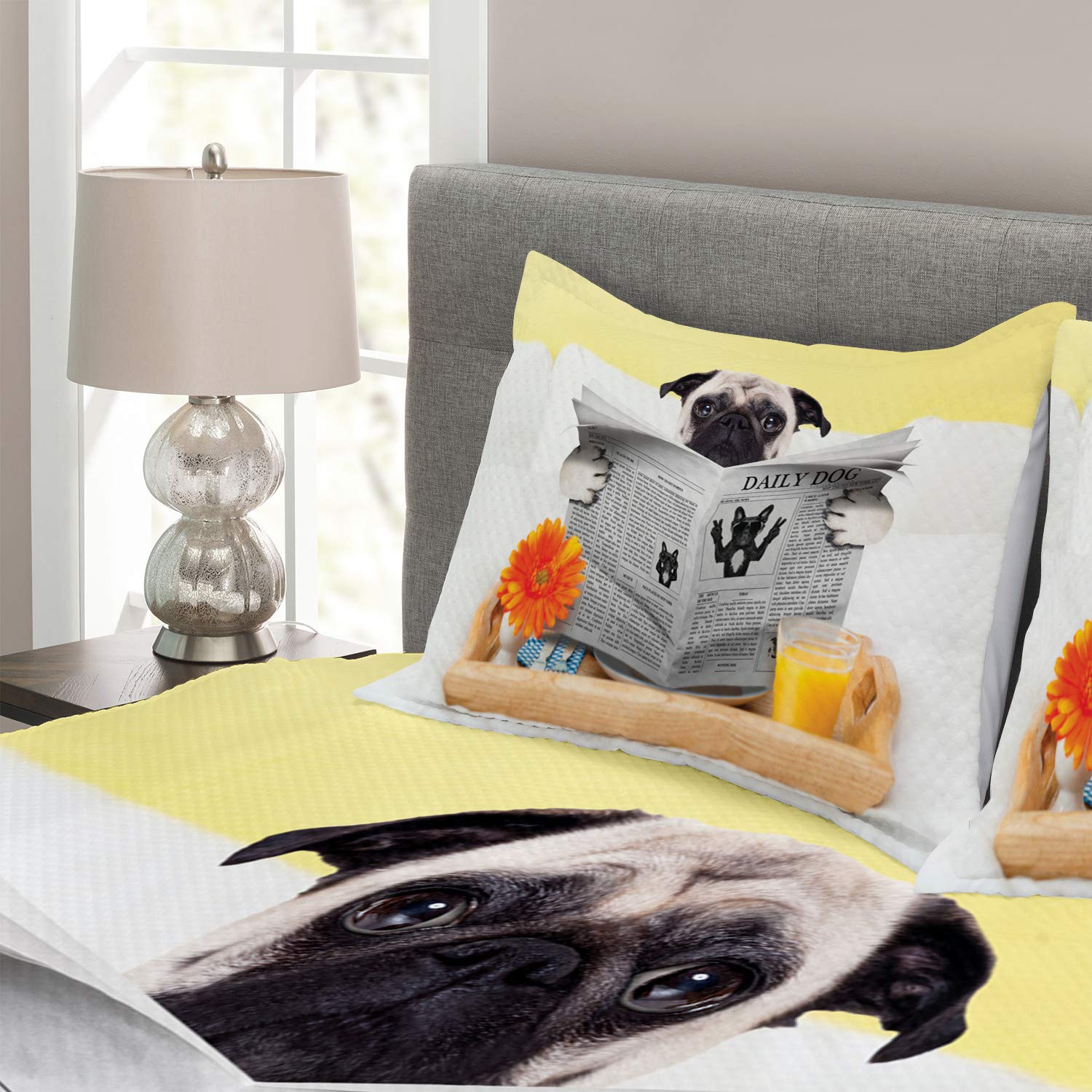 Ambesonne Pug Bedspread Set 3-Piece Queen Size - Cozy Dog-Themed Bedding for Family Fun