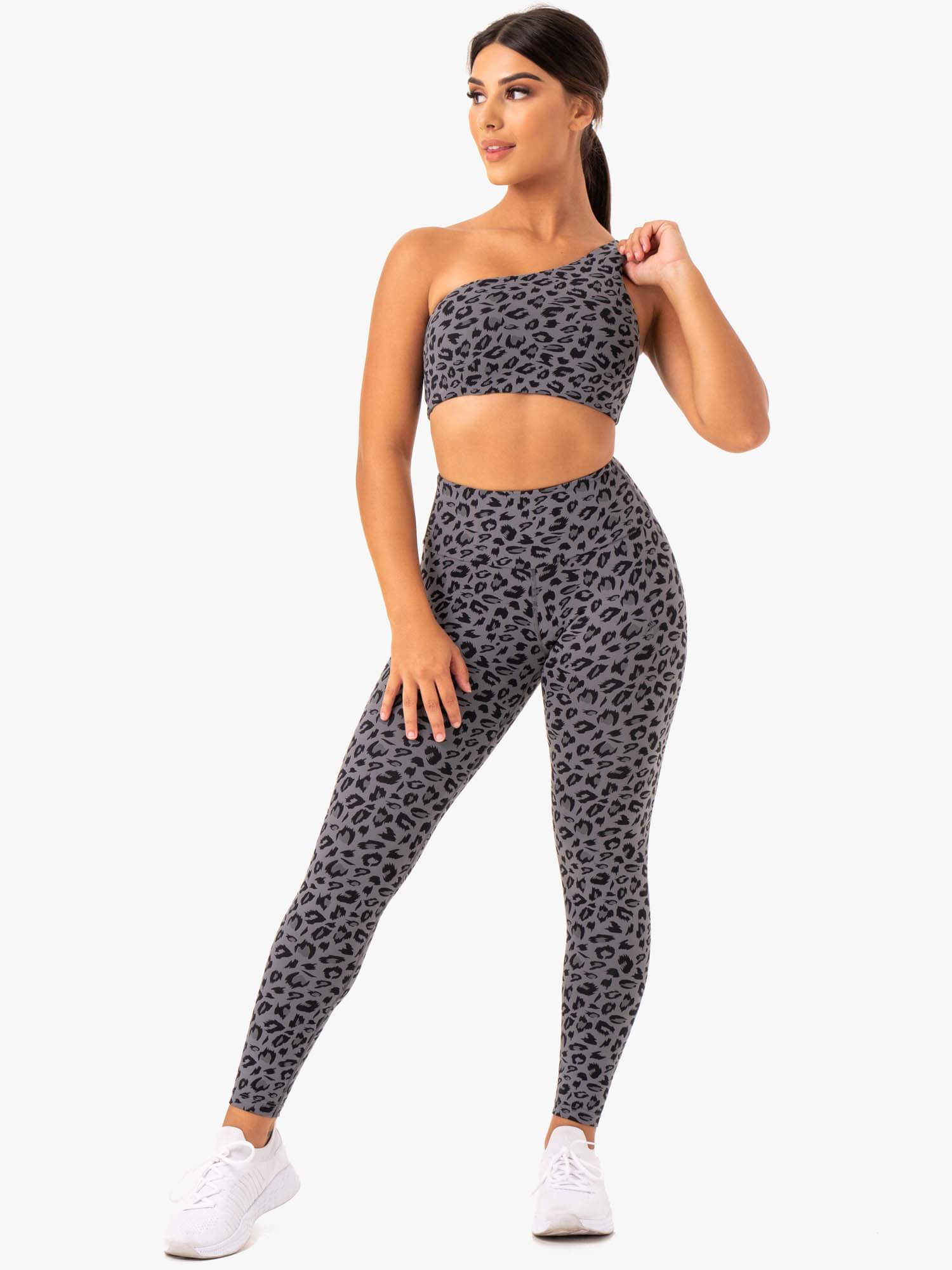 Adapt One Shoulder Sports Bra - Grey Leopard Print - Workout, Yoga & Running Support - Comfortable & Stylish Activewear for Women