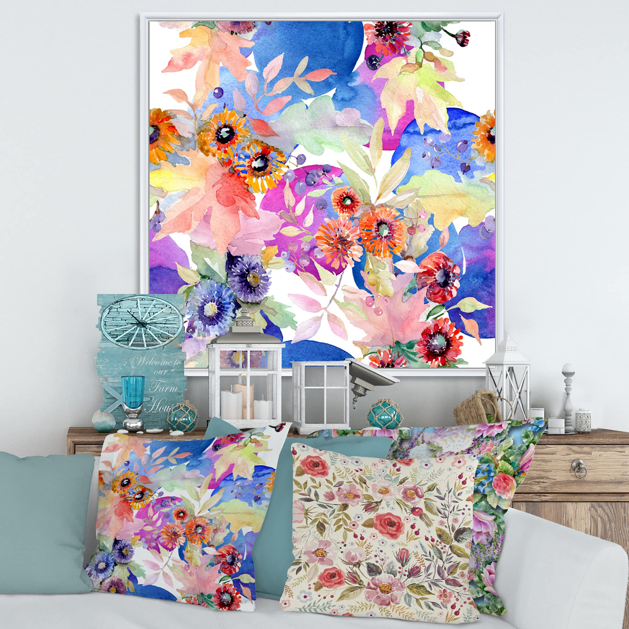 DesignQ Vibrant Wild Spring Leaves & Wildflowers IV - Modern Framed Canvas Wall Art Print for Living Room, Bedroom & Office Decor