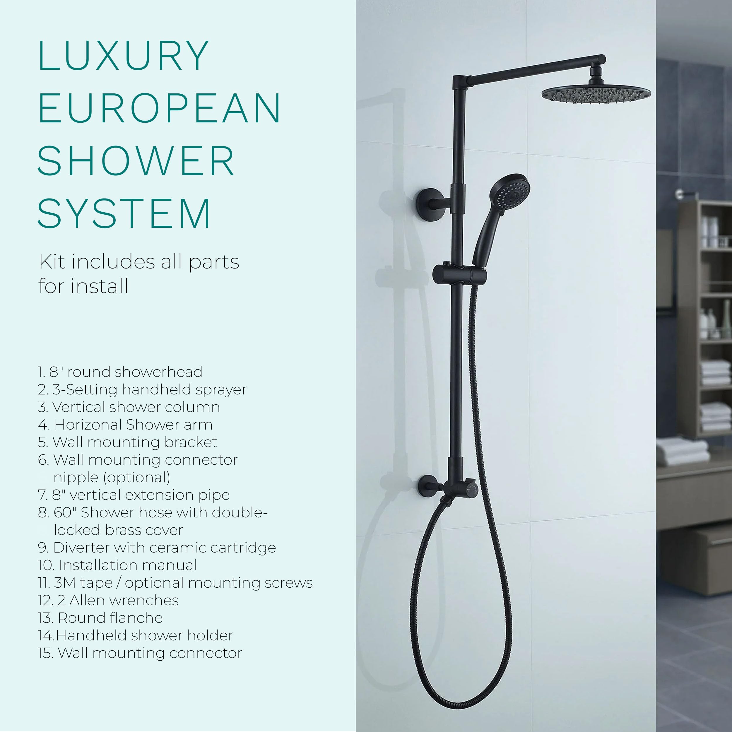Polaris 3-in-1 Rain Shower System - 8 Inch Rainfall Shower Head with Handheld Shower Combo, 3-Setting Handheld Spray, Adjustable Shower Wand Holder & 60 Inch Hose (1.8 GPM, Matte Black) - Perfect for Luxurious Spa-Like Bathroom Experience