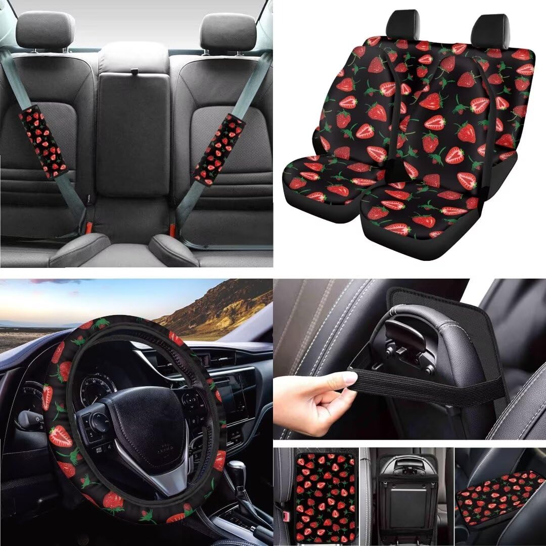 Premium Red Strawberry Car Accessories Set - 4-Piece Car Seat Covers, Floor Mats, Steering Wheel Cover & Armrest Protector | Cute & Comfortable Interior Upgrade for Sedans, SUVs & Trucks