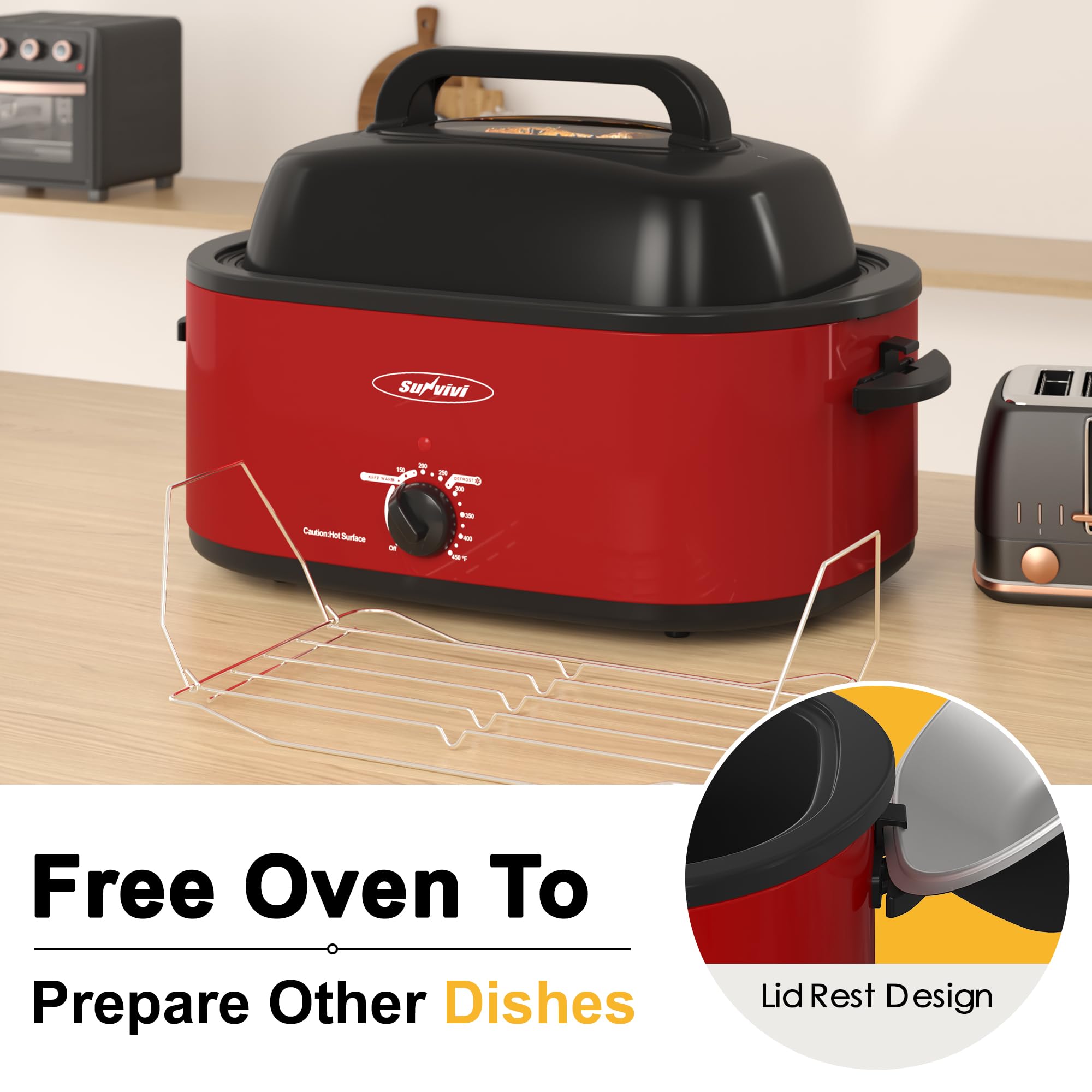 Sunvivi 30lb 26-Quart Electric Roaster Oven with Viewing Lid - Stainless Steel Turkey Roaster with Defrost/Warm Function, Removable Pan & Rack - Perfect for Holiday Meals, Large Family Dinners & Catering Events (Red)