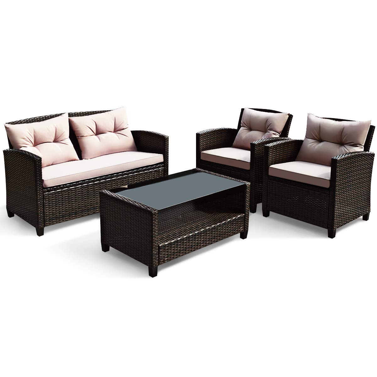HAPPYGRILL 4-Piece Rattan Wicker Patio Conversation Set with Loveseat, 2 Chairs & Coffee Table - Outdoor Indoor Furniture for Backyard, Porch, Garden, Poolside, Balcony - Perfect for Relaxing, Entertaining & Lounging