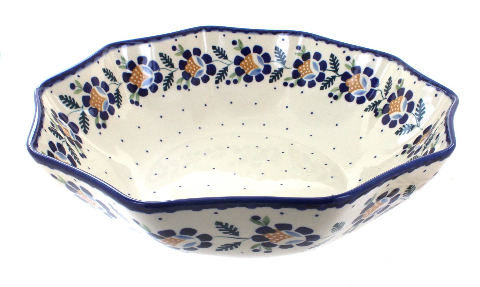 Blue Rose Polish Pottery Sunflower Large Decagonal Serving Bowl - Handmade Ceramic Dish for Salads, Pasta, Fruit - Perfect for Dining, Entertaining & Home Decor