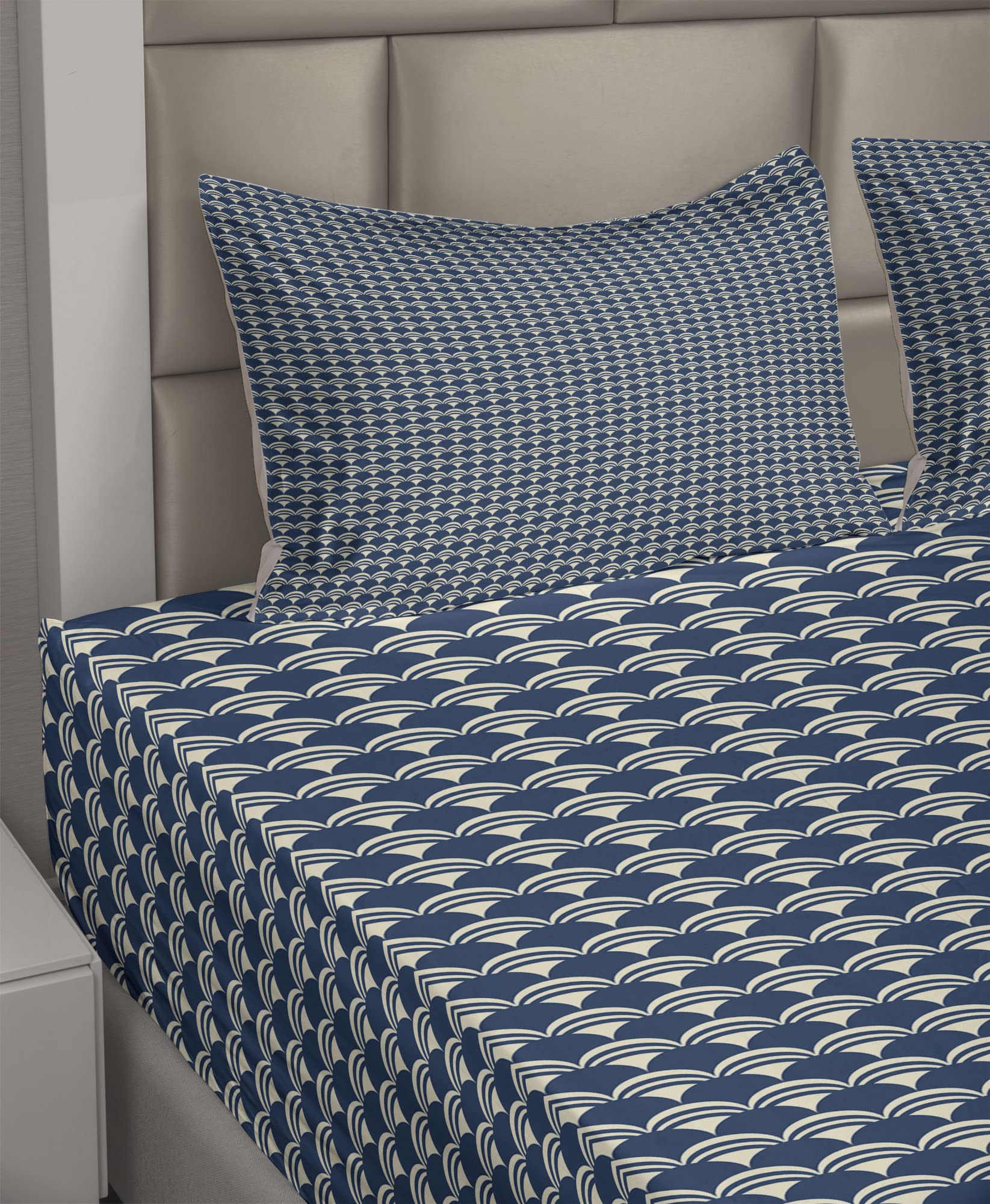 Ambesonne Abstract Japanese Folk Inspired Sheet Set - King Size 4 Piece Bedding Set with Fitted Sheet, Flat Sheet & Pillowcases - Night Blue Eggshell with Dichromatic Semicircle Design - Perfect for Modern Bedrooms, Guest Rooms & Dorm Decor