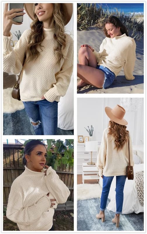 Dokotoo Women's 2024 Winter Fall Solid Color Turtleneck High Neck Balloon Sleeve Long Sleeve Sweater Pullover - Cozy Knit Top for Office, Date Night & Casual Outfits