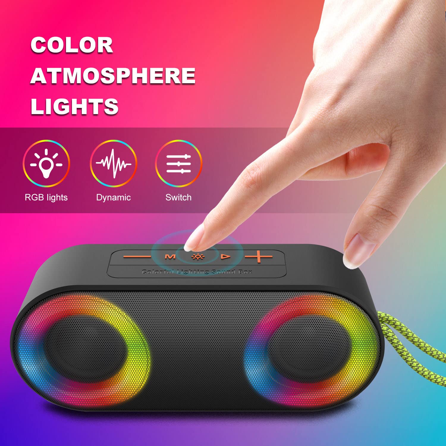 TOMPROAD Waterproof Bluetooth Speaker with LED Lights, Wireless Stereo Sound, Rich Bass, FM Radio & RGB Lights - Perfect for Shower, Travel, Camping, Pool Party & Home Use