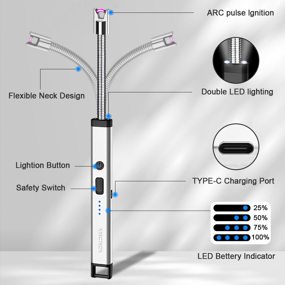 ARECTECH USB Rechargeable Electric Arc Lighter for Candles, Camping, Fireworks - Waterproof Windproof LED Flashlight Lighter - Perfect Christmas Birthday Gift for Men & Women (Silver) | Home Use, Outdoor Adventures, Party Decorations