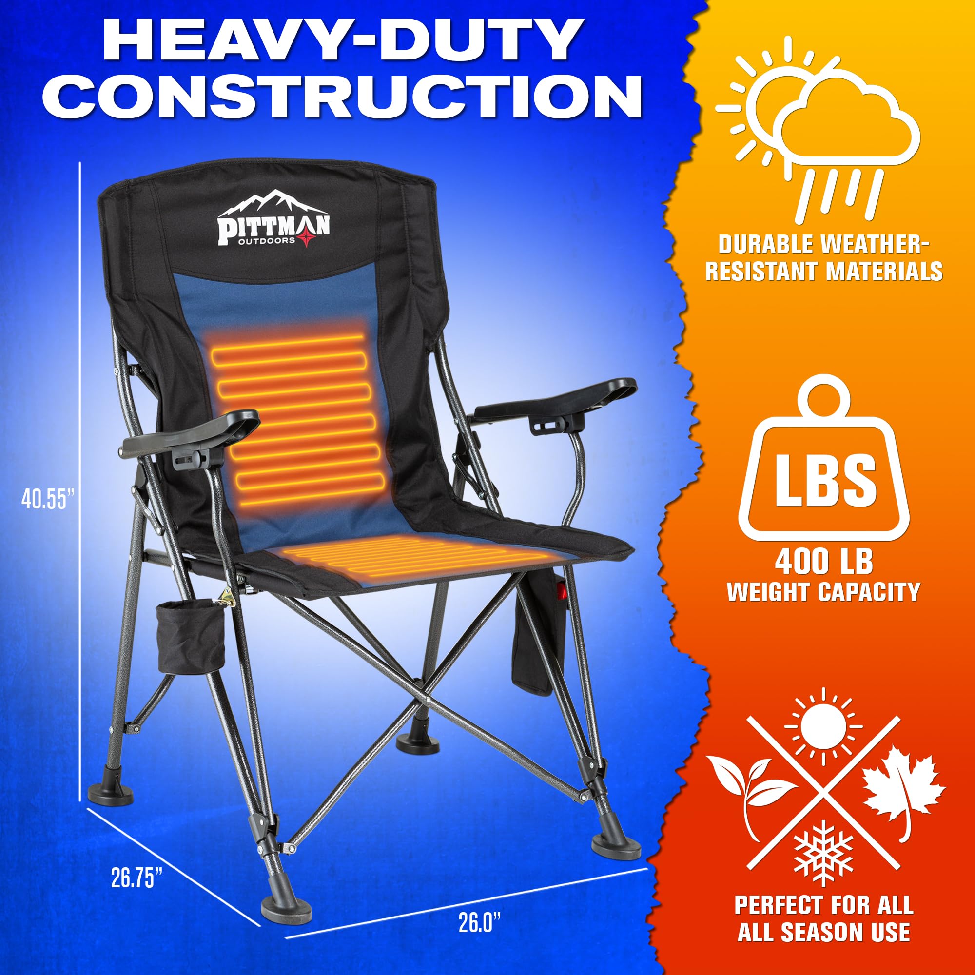 Pittman Heated Camping Chair for Adults - Portable Outdoor Heated Folding Chair with Battery Power (Batteries Not Included) - Perfect for Hunting, Fishing, Camping & Backyard Relaxation in Cold Weather
