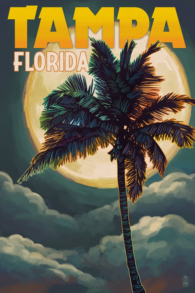 Lantern Press Tampa Florida Palms and Moon Wall Art - 16x24 Wrapped Canvas Print - Tropical Beach Decor for Living Room, Bedroom & Office