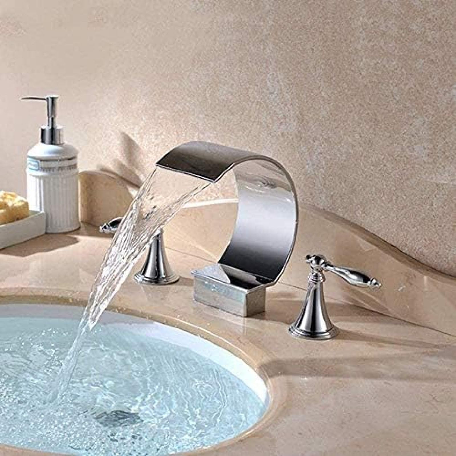 CRJUS Premium Brass Chrome Plated Kitchen Faucet - 3 Hole Deck Mount Double Handle Waterfall Sink Faucet with Hot & Cold Water Control - Perfect for Modern Kitchens and Bathroom Vanities