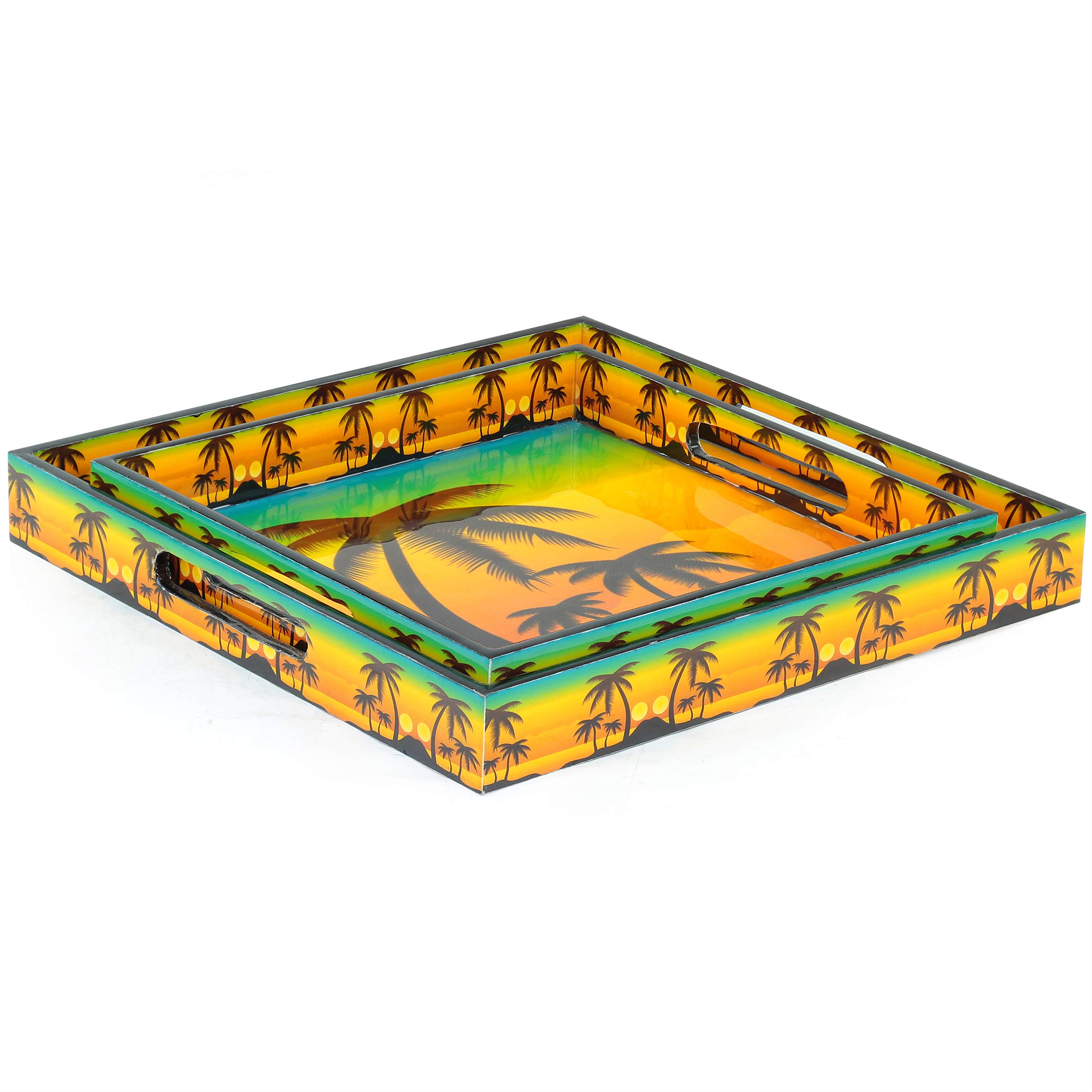 Stylish Yellow Sunset Palm Tree Printed Kitchen Serving Trays - Durable Snack & Breakfast Platters for Dining, Entertaining & Outdoor Picnics | Minimalist Design