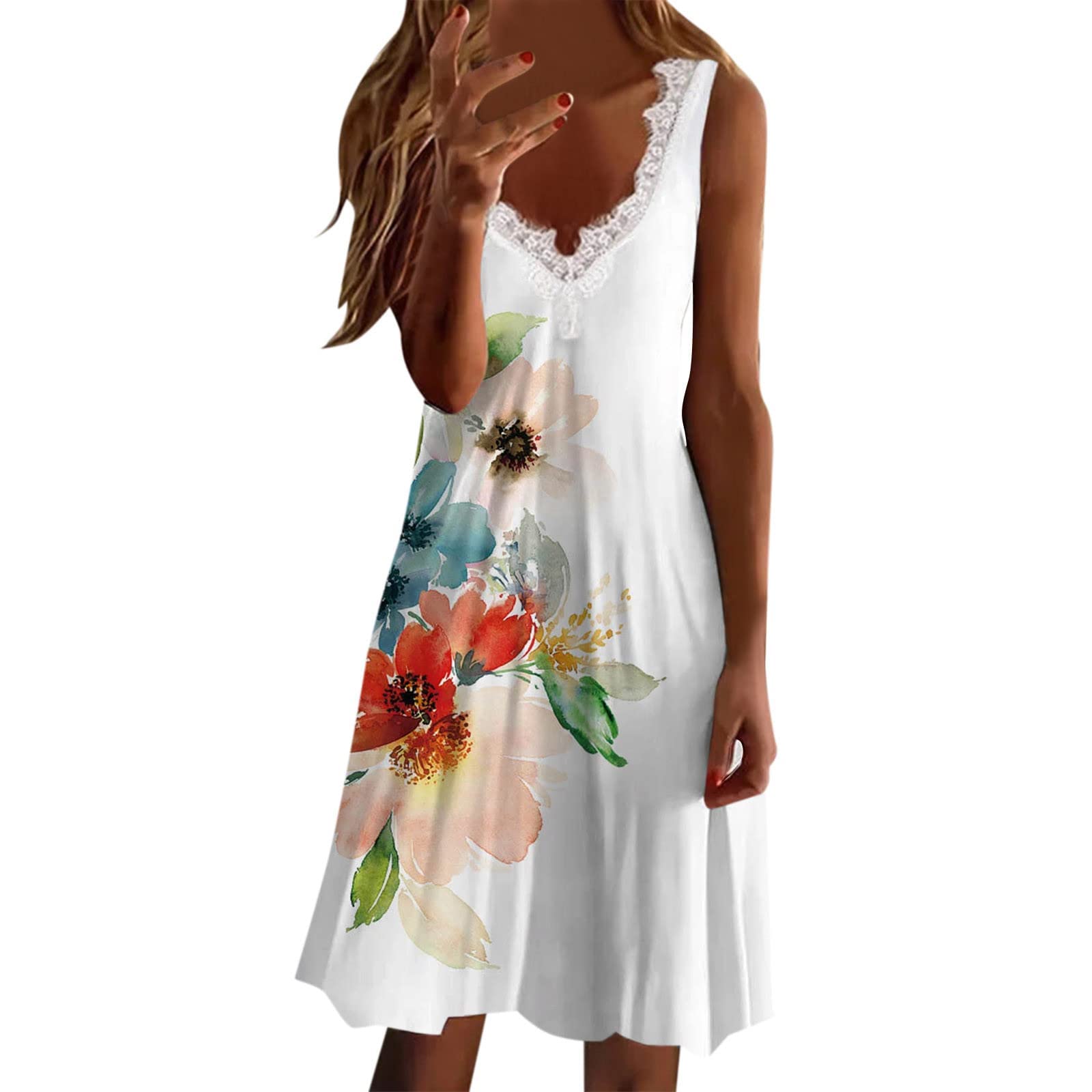 2022 Women's Summer Dresses - Casual Sexy V-Neck Lace Sleeveless Mini Boho Dress | Perfect for Beach Vacations, Date Nights & Summer Parties (PKD104SE)
