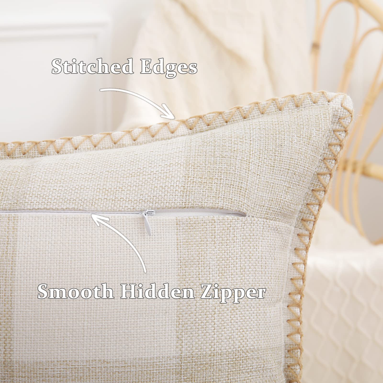 Buffalo Plaid Check Spring Throw Pillow Covers 20x20 Set of 2 - Farmhouse Decorative Pillow Cases with Stitched Edge for Couch, Sofa & Bed - Cream White & Beige - Perfect for Living Room, Porch & Seasonal Home Decor