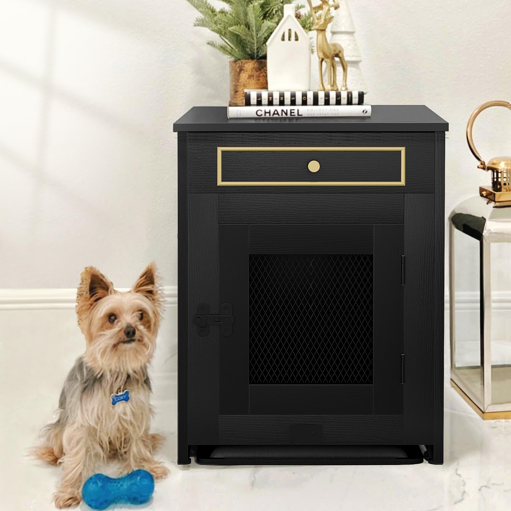 YITAHOME Wooden Dog Crate Furniture with Dual USB Chargers - Stylish End Table Kennel with Removable Cushion Tray & Storage Drawer for Small Dogs Under 25 lbs - Perfect for Living Room, Bedroom or Office (Black)