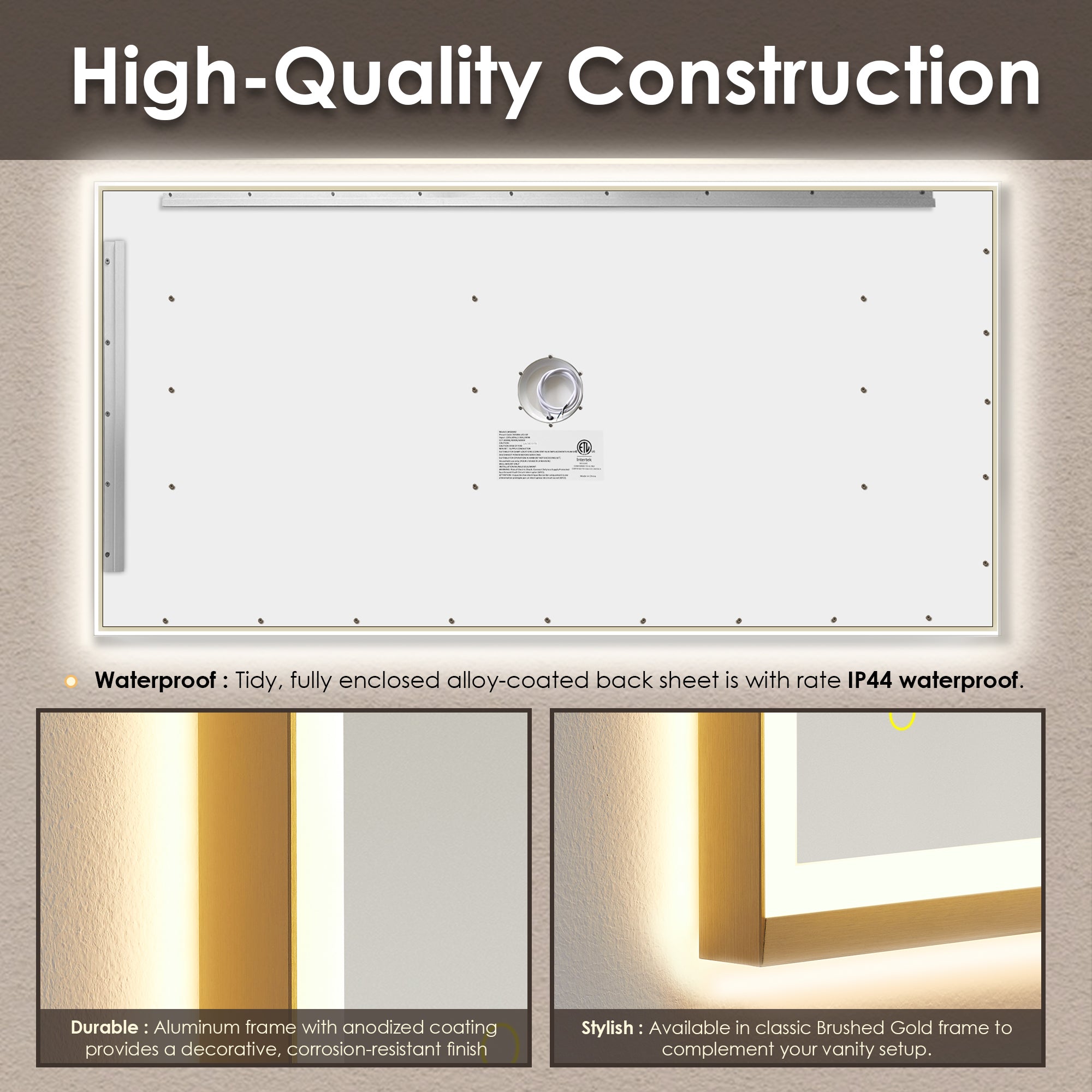 Apollo Rectangular Anti-Fog Dimmable LED Bathroom Mirror - Modern Vanity Wall Mirror with Aluminum Frame - Perfect for Makeup, Shaving & Home Decor