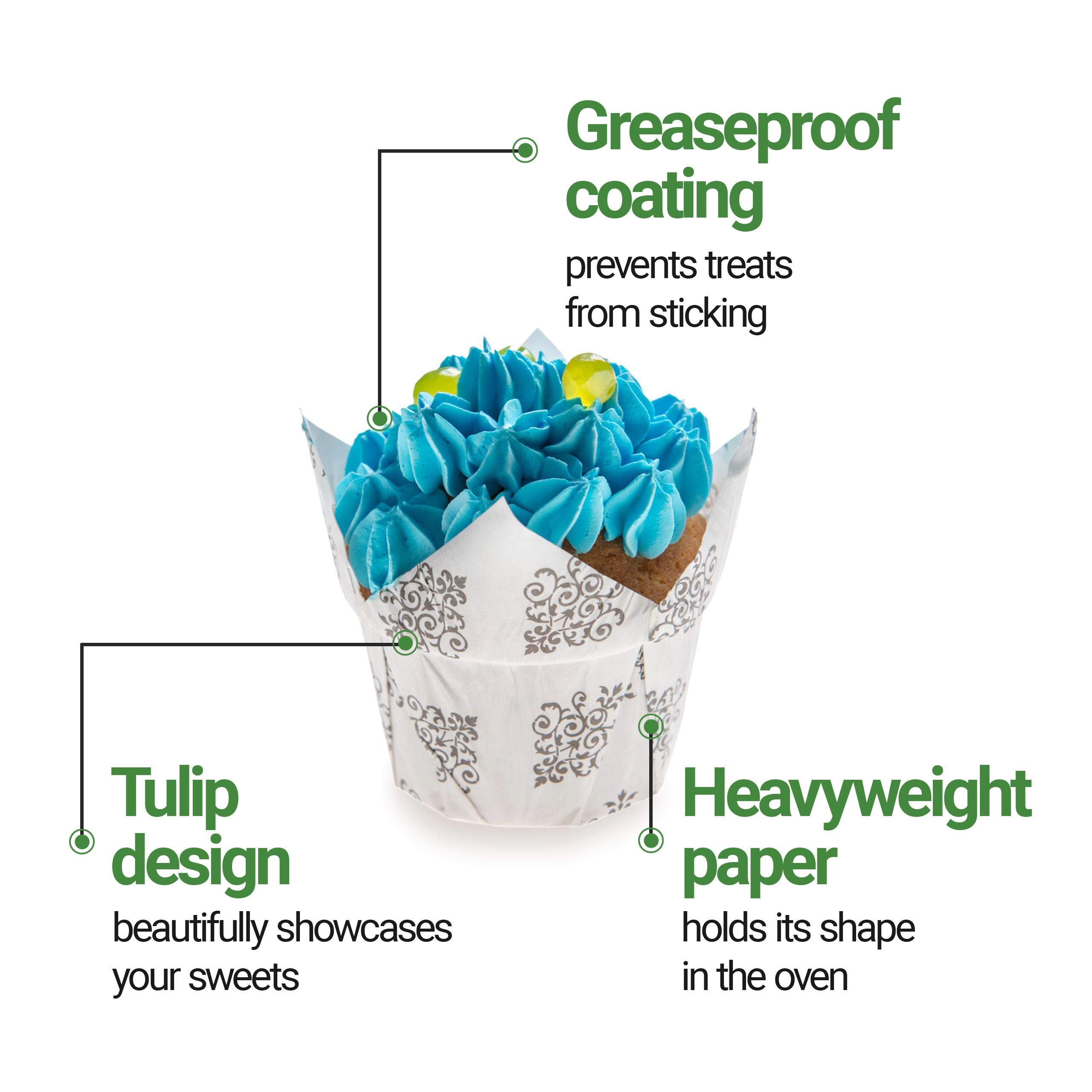 Restaurantware Panificio 1.2 Oz Baking Cups - 200 Count Tulip Cupcake Liners | Oven-Safe, Freezer-Friendly Black & White Floral Muffin Wrappers | Disposable Vintage Paper Baking Cups for Weddings, Baby Showers & Party Desserts