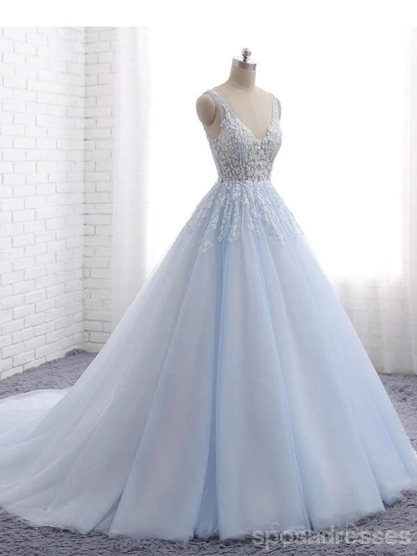Elegant Pale Blue V-Neck A-Line Tulle Lace Beaded Prom Dress | Sweet 16 Party & Evening Gown | Custom Long Formal Dress for Homecoming, Quinceañera & Special Occasions