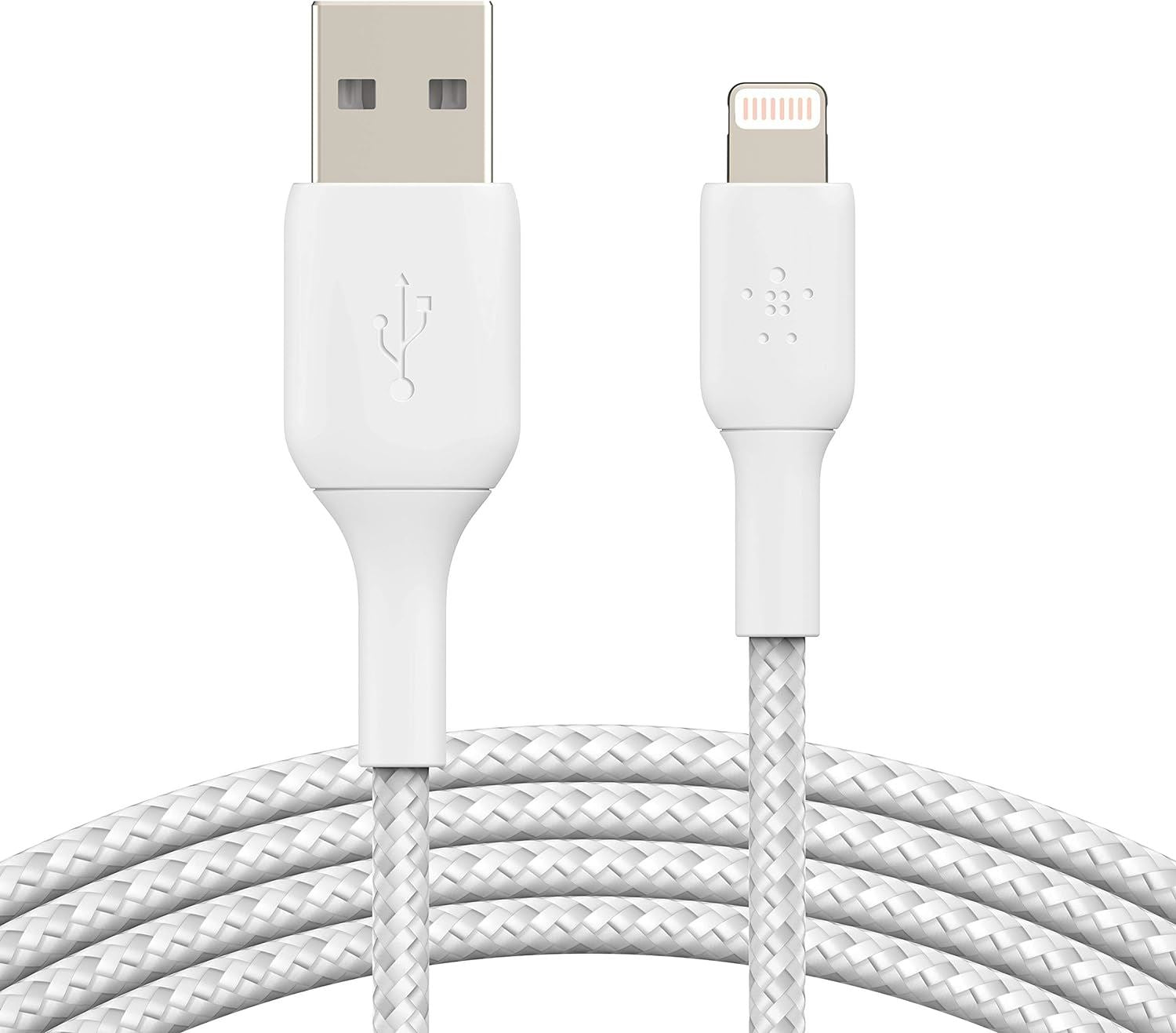 Belkin Boost Charge 2M Braided USB A to Lightning Cable - Fast Charging & Durable (White) - Perfect for iPhone Charging at Home, Office & Travel