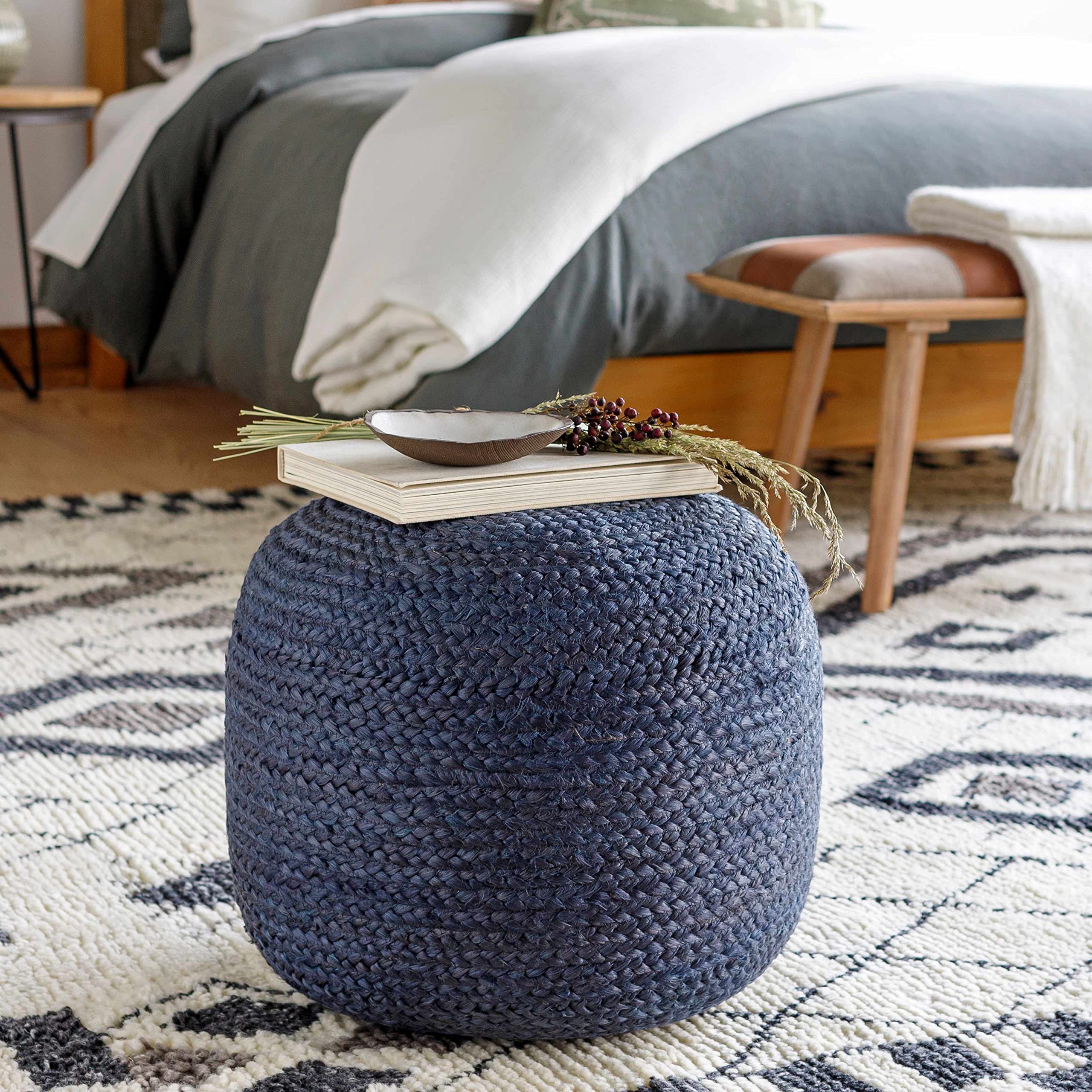 Hauteloom Gail Natural Wicker Jute Round Pouf Ottoman - Braided Woven Foot Stool with 100% Polybead Fill - Dark Blue Cylinder Ottoman 19.75