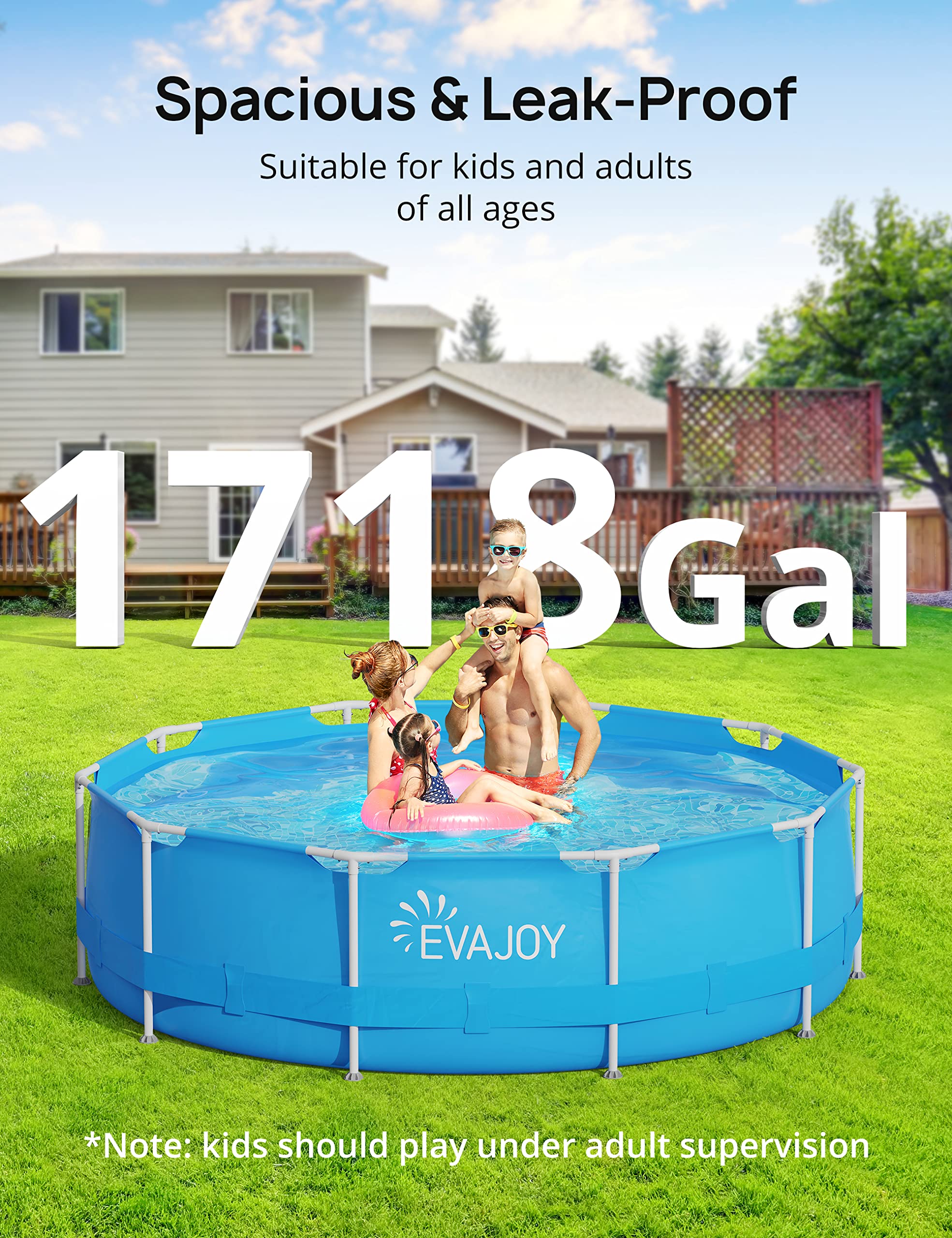 EVAJOY 12ft x 30in Metal Frame Above Ground Swimming Pool - Heavy-Duty Steel Frame & PVC Material for Backyard, Garden, Lawn - Easy Setup Outdoor Round Pool for Family Fun, Summer Parties & Kids Play