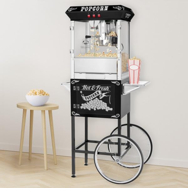 Superior Popcorn Machine with Cart - 8oz Commercial Popcorn Popper with Stainless Steel Kettle, Heated Warming Deck & Old Maids Drawer - Perfect for Movie Nights, Parties & Concession Stands (Black)