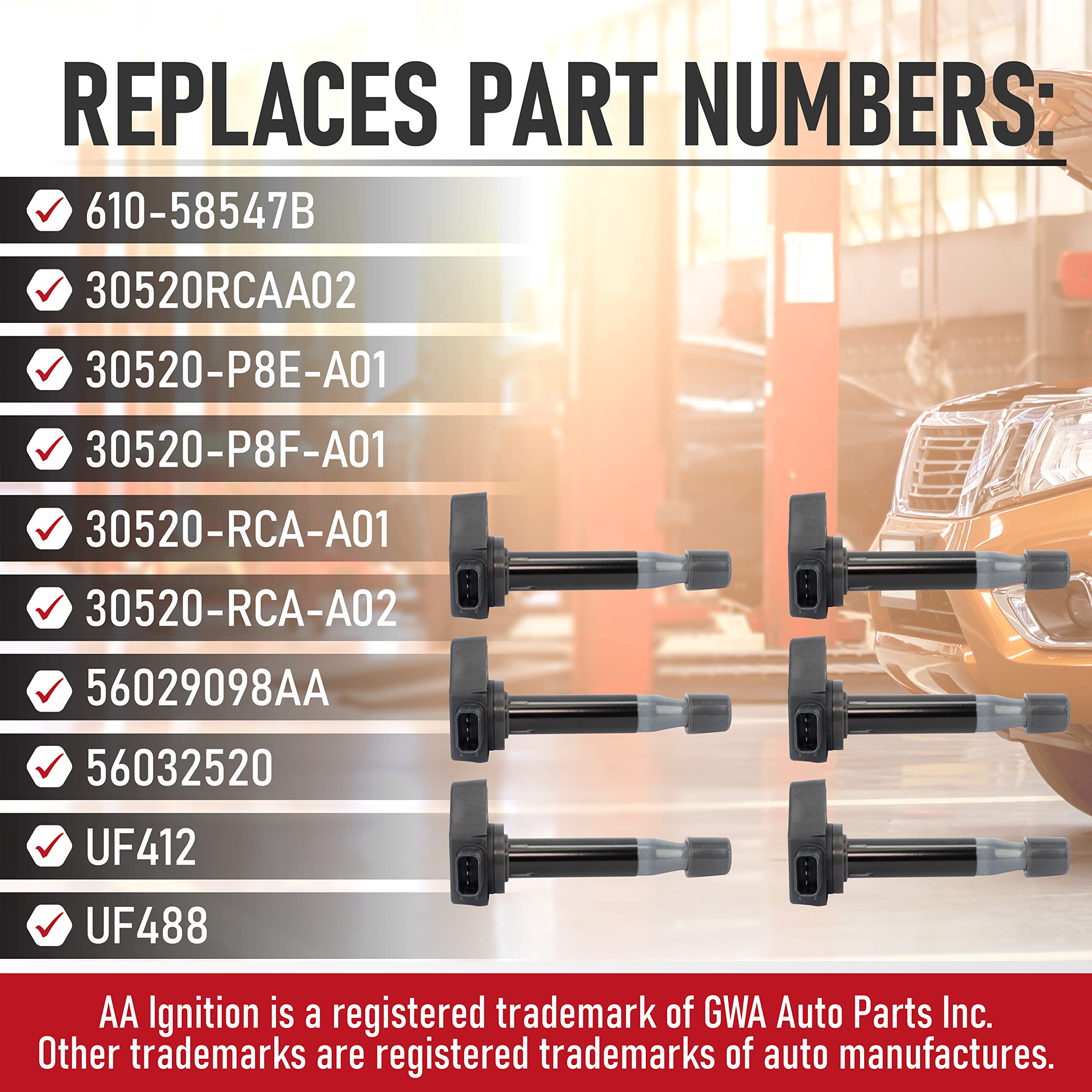6-Piece Ignition Coil Pack Set - Compatible with Honda Accord V6, Acura TL 3.2 V6 (1999-2008), CL/RL (2005-2011), Odyssey (1999-2010) & Saturn Vehicles - Replaces OEM 610-58547B, 30520-RCA-A02 - Perfect for Engine Performance & Smooth Driving Experience