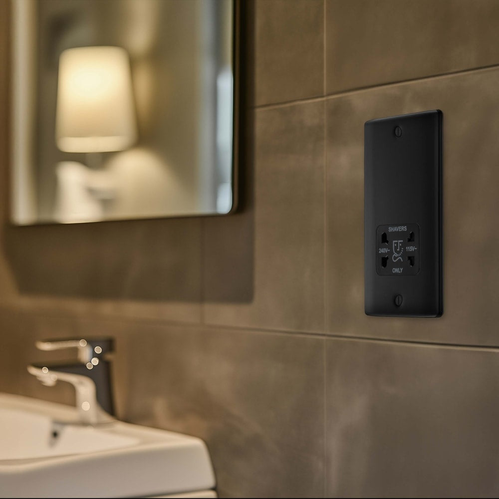 BG Nexus Metal Matt Black Shaver Socket NFB20B - Waterproof Shaving Power Outlet for Bathroom, Salon & Travel - Dual Voltage 110V-240V UK Shaver Plug with LED Indicator