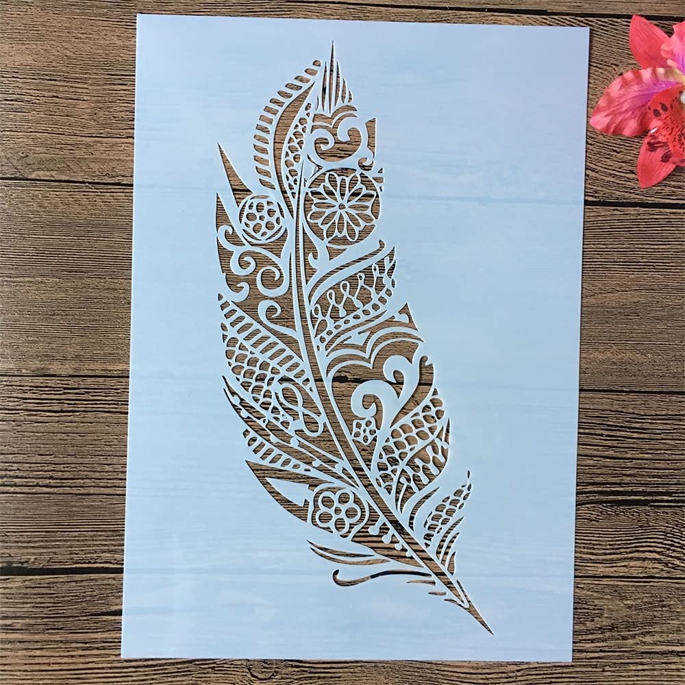 A4 29cm Large Mandala Feather Stencils for Painting - Reusable Drawing Templates for DIY Crafts, Home Decor, Wall Art & Fabric Design
