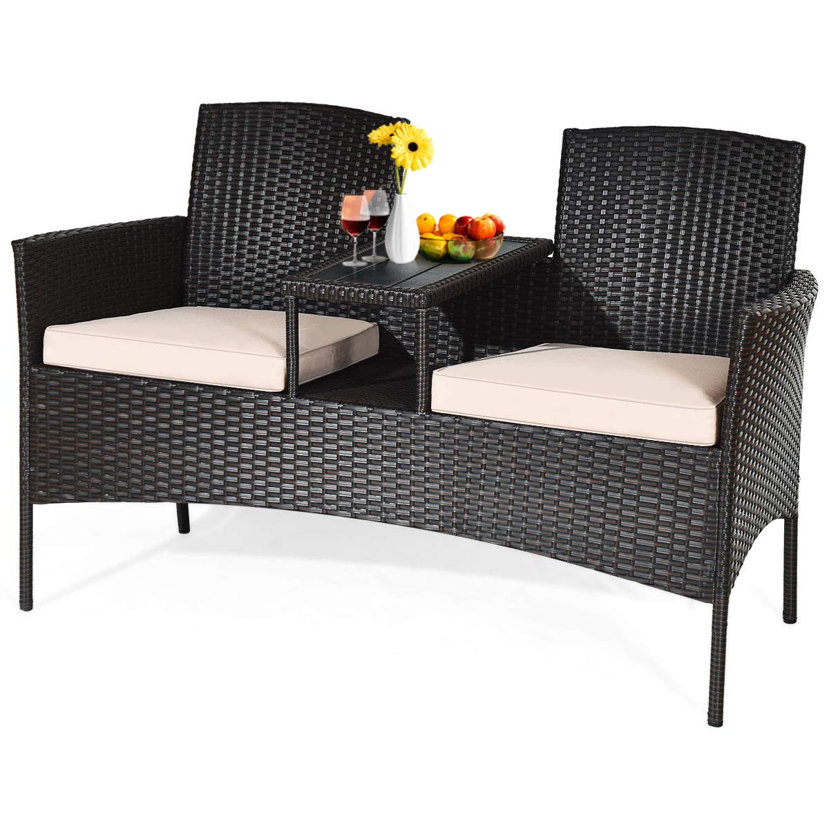 **HAPPYGRILL Outdoor Loveseat with Removable Cushions & Coffee Table - Rattan Patio Wicker Conversation Set for Garden, Lawn, Backyard - Perfect for Relaxing, Entertaining, and Outdoor Gatherings**