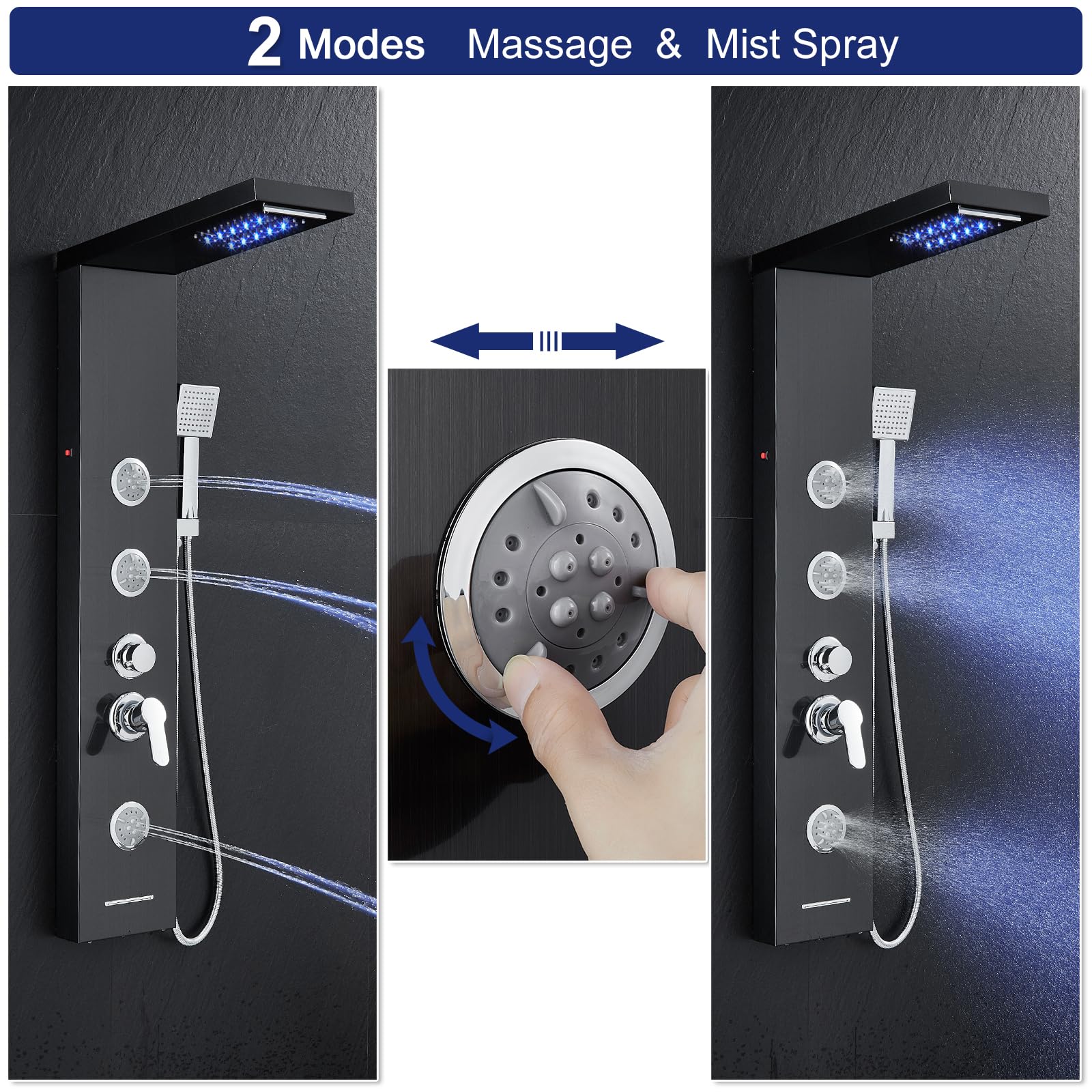 ROVATE 5-in-1 LED Shower Panel Tower System - Black Stainless Steel High Pressure Shower Column with Rainfall Showerhead, Waterfall, Body Jets & Handheld Sprayer + Tub Spout | Perfect for Modern Bathroom Renovation & Spa-Like Shower Experience
